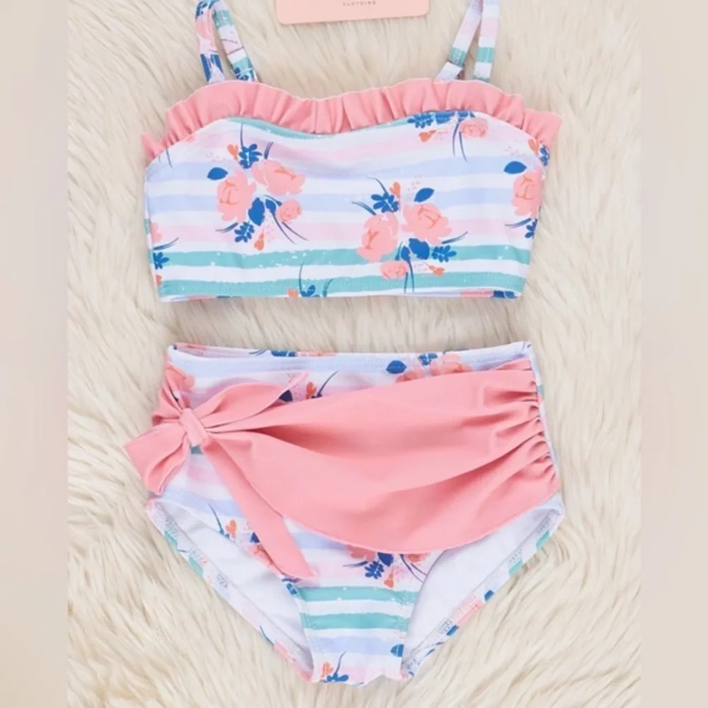 NEW…Girl Toddler Striped Floral Pink Two-Piece Bikini Set